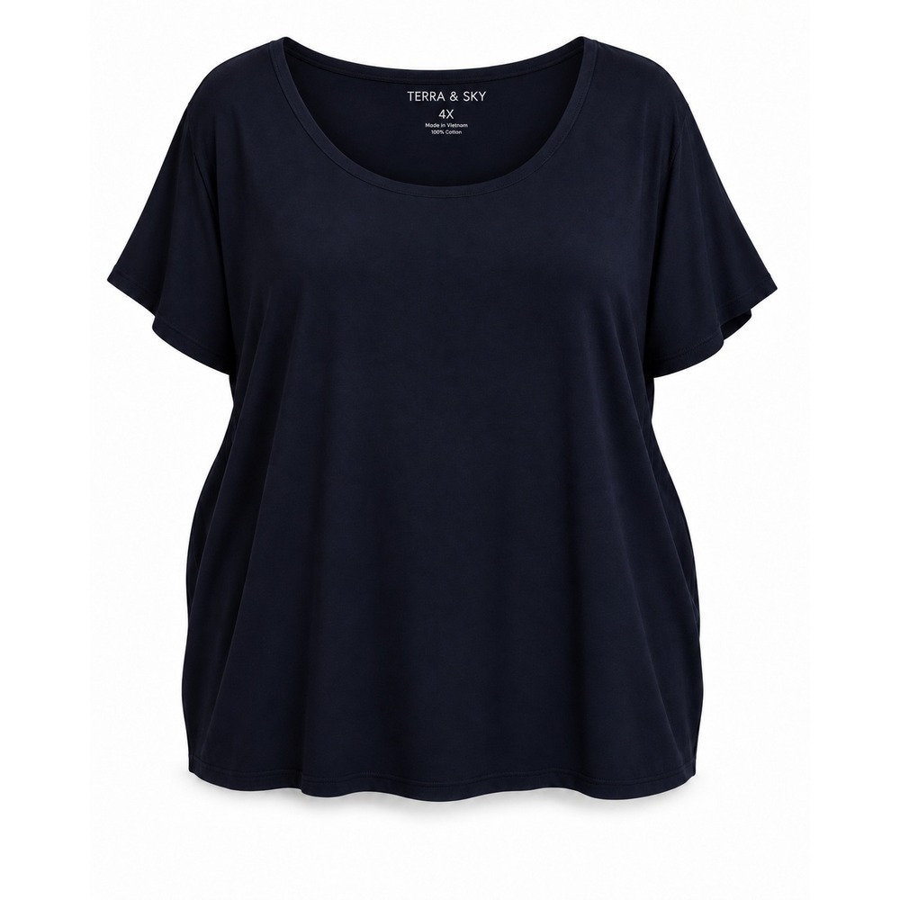 Terra & Sky Plus Size 4X Navy Blue Scoop Neck Rib Tee NWT Short Sleeve Cotton